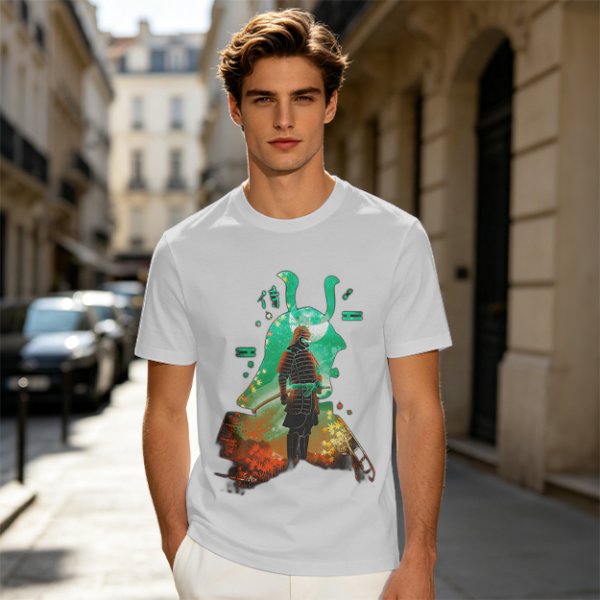 Olive T-shirt with Samurai Warrior and Helmet Art Print