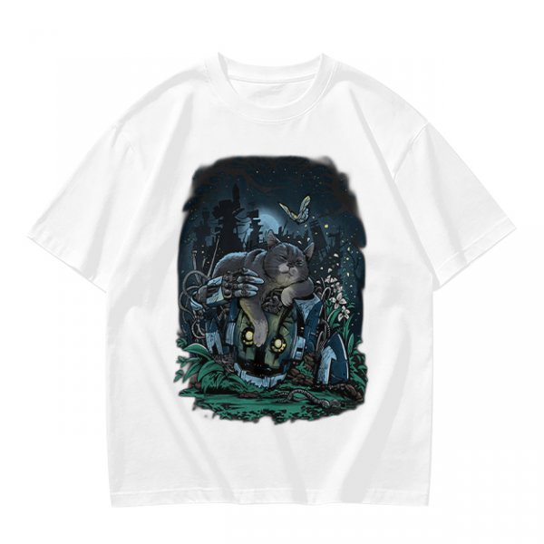 Olive Green T-Shirt With Night Graveyard Cat Illustration