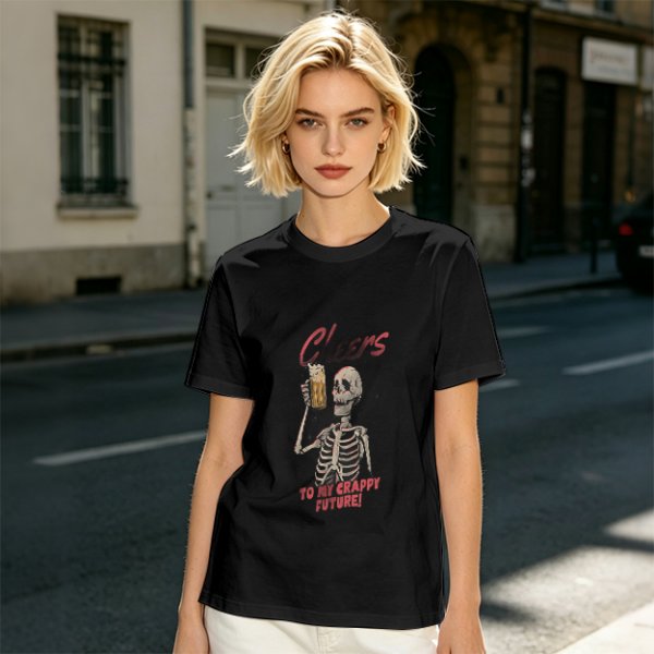 Olive skeleton graphic t-shirt with 'Cheers to my crappy future' print