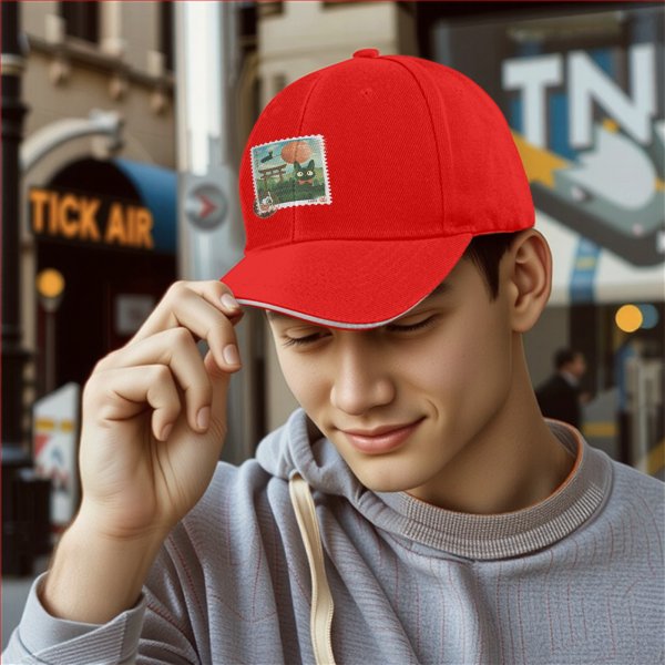 Black Baseball Cap with Anime Stamp Print Design
