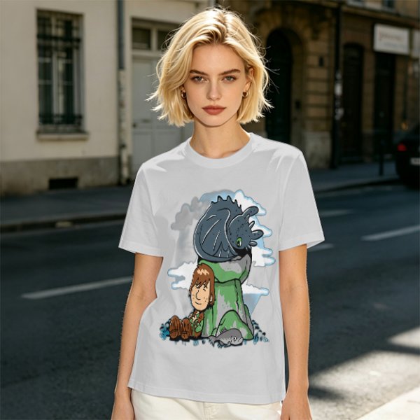 Olive T-Shirt Featuring Hiccup and Toothless from How to Train Your Dragon