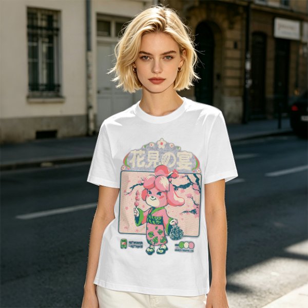 Olive green t-shirt with cherry blossom festival dog character print