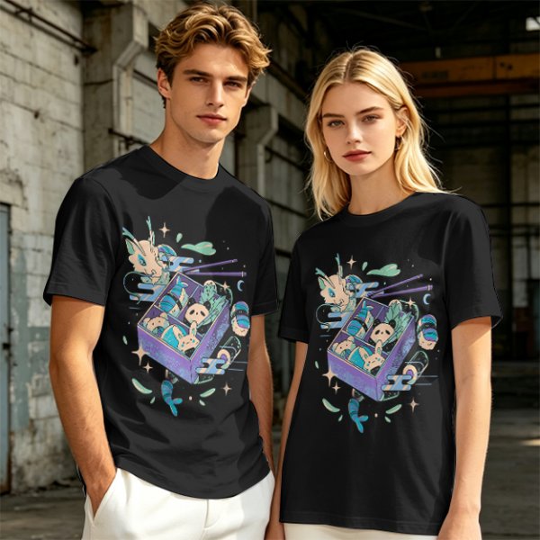 Olive t-shirt with whimsical bento box animal graphic print