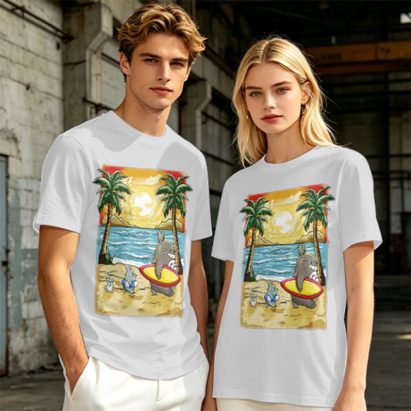 Olive T-Shirt with Beach Scene Print Featuring Totoro and Friends