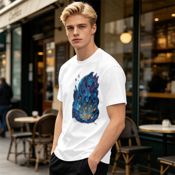Olive T-Shirt With Blue Fantasy Monster Graphic Print