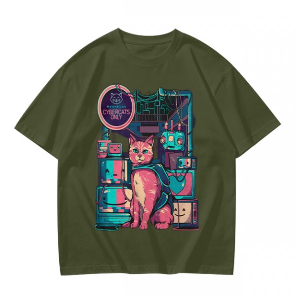 Olive T-Shirt with Cyberpunk Pink Cat and Robotic Tech Print