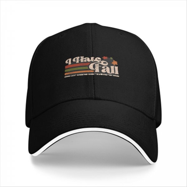 Black baseball cap with 'I Hate Fall' retro graphic print