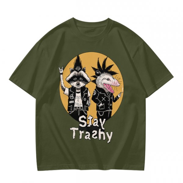 Olive graphic tee with punk raccoon and opossum 'Stay Trashy' print