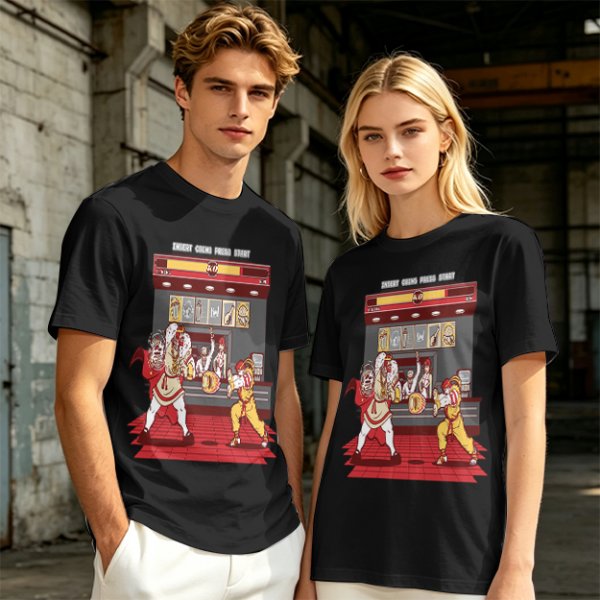 Olive T-shirt with Fast Food Themed Street Fighter Style Fight Artwork