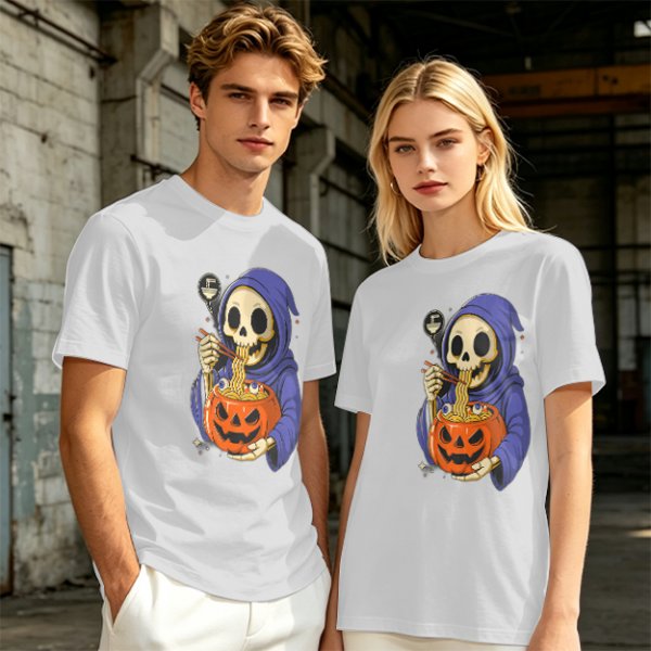 Grim Reaper Eating Ramen from Jack-o'-lantern Pumpkin Bowl T-Shirt