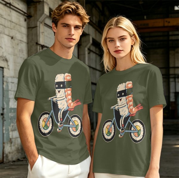 Olive T-Shirt With Sushi Ninja Riding Bicycle Print