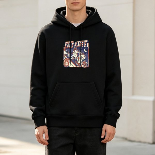 Black hoodie with retro cartoon animal skateboarding graphic