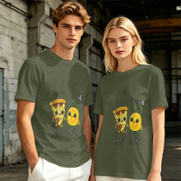 Olive T-shirt with Cute Pizza and Pineapple Cartoon Print