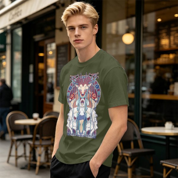 Olive green t-shirt with stained glass style forest spirit anime artwork