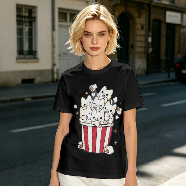 Olive T-Shirt With Cute Kitten Popcorn Bucket Graphic