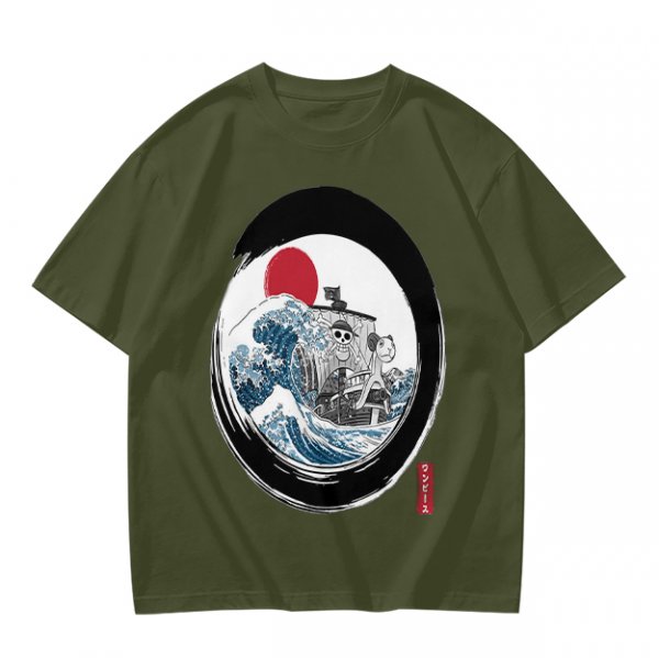 Olive T-shirt with Great Wave Enso Circle and Red Sun Print