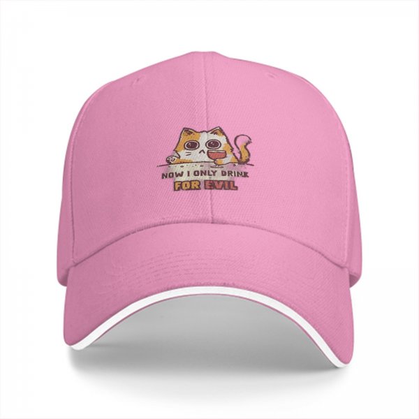 Black baseball cap with cat graphic and 'now i only drink for evil' text