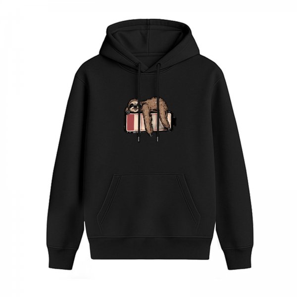 Black hoodie with a sloth on low battery graphic