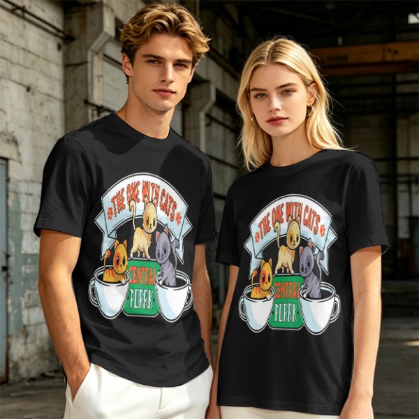 Olive green t-shirt with cat coffee cup graphic and playful text design