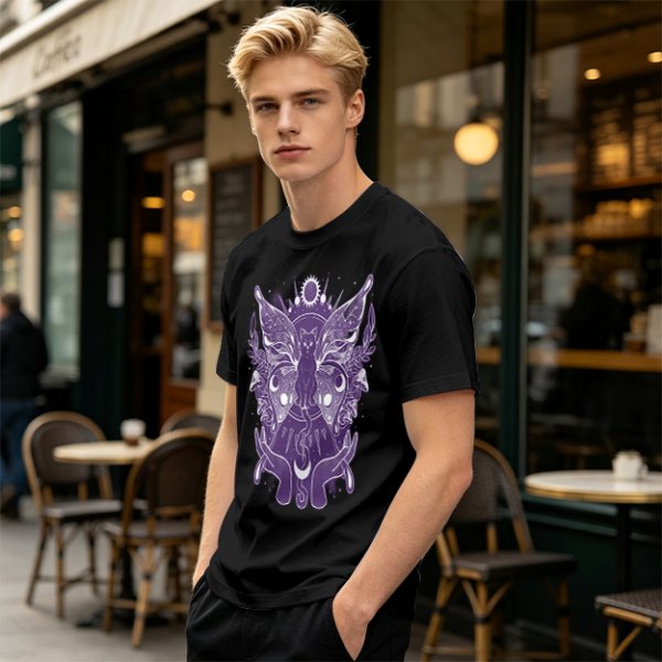 Olive T-Shirt with Celestial Cat Moth and Mystical Hands Print