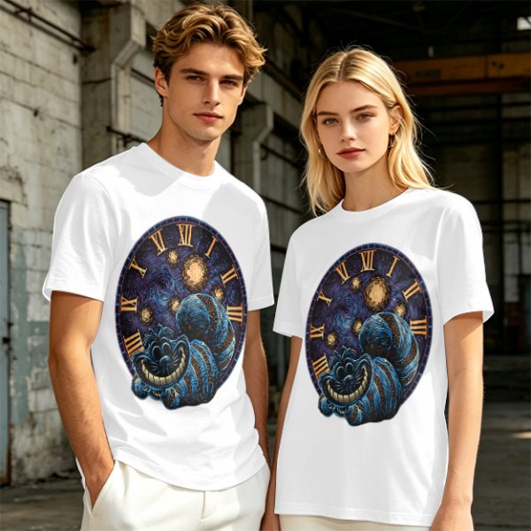 Olive T-Shirt with Cheshire Cat Clock Art Print
