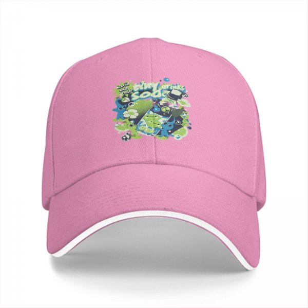 Black baseball cap with tiny drinks soda and alien graphic print