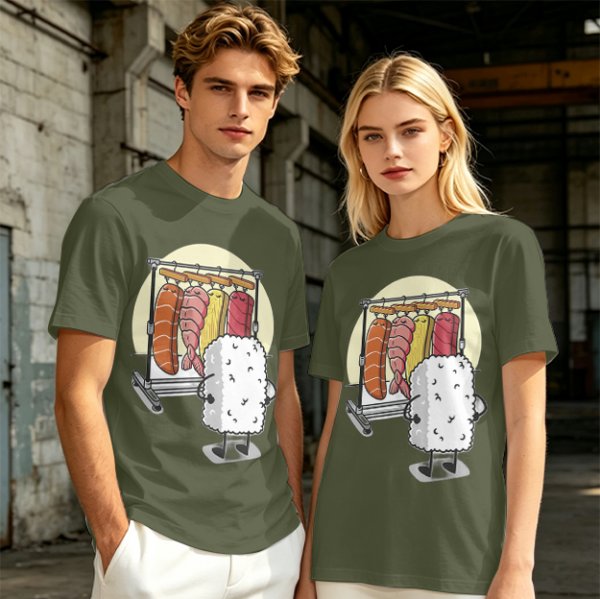 Olive T-Shirt With Funny Sushi Laundry Rack Graphic
