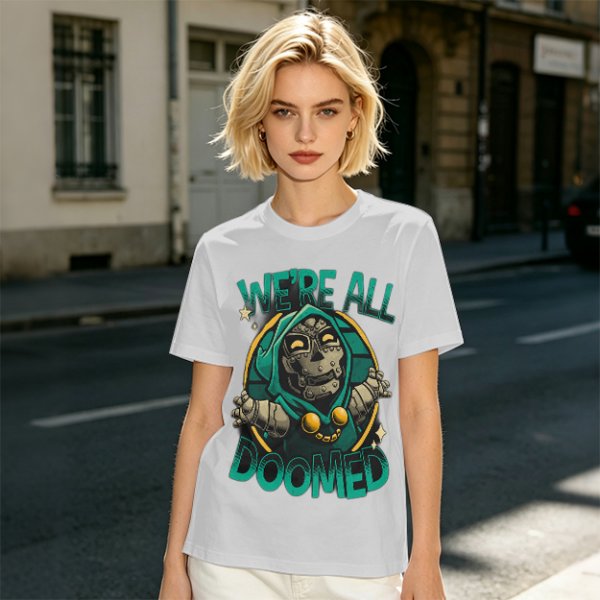 Olive T-Shirt Featuring 'We're All Doomed' and Doom Character Art