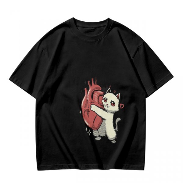 Olive T-Shirt With Cute White Cat Hugging Anatomical Heart Print