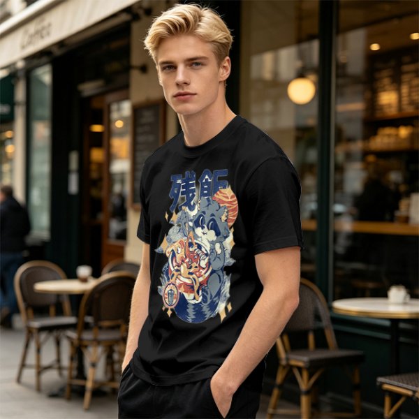 Olive green graphic t-shirt with raccoon eating ramen print