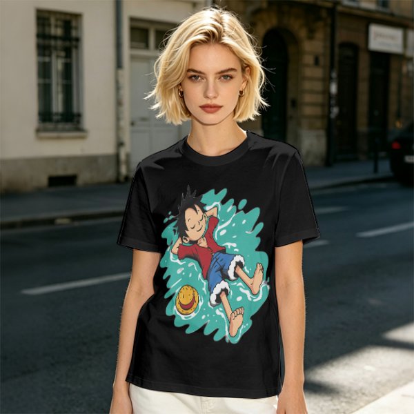 Olive anime t-shirt with Luffy relaxing in water print