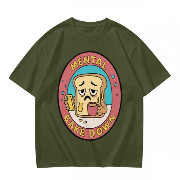 Olive T-Shirt with Sad Toast Holding Coffee and Phone Mental Bake Down Print