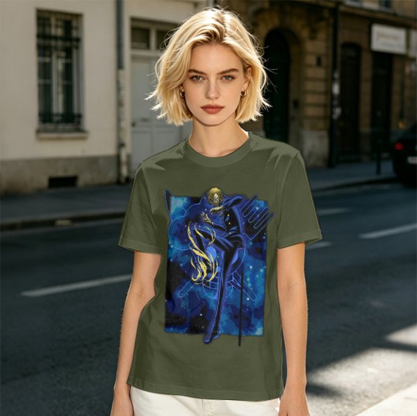 Olive T-Shirt with Cosmic Anime Character Graphic Print