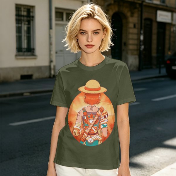Olive T-Shirt Featuring Anime Character With Straw Hat Back View