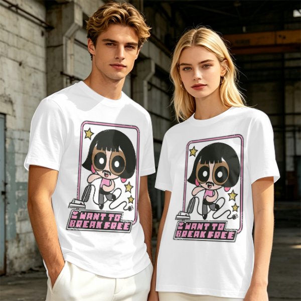 Olive green graphic t-shirt with Powerpuff-style character and 'I Want To Break Free' text