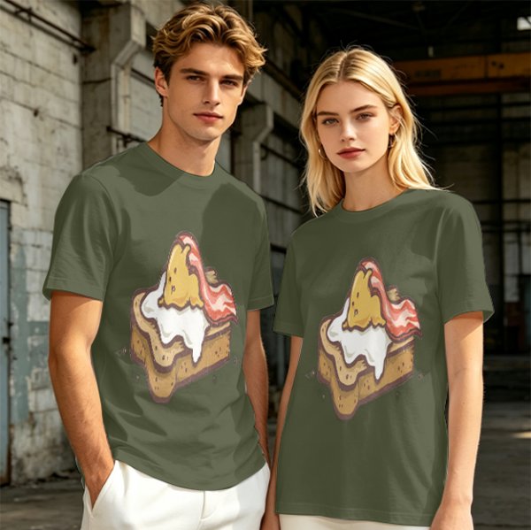 Olive T-Shirt With Cute Lazy Egg On Toast And Bacon Print