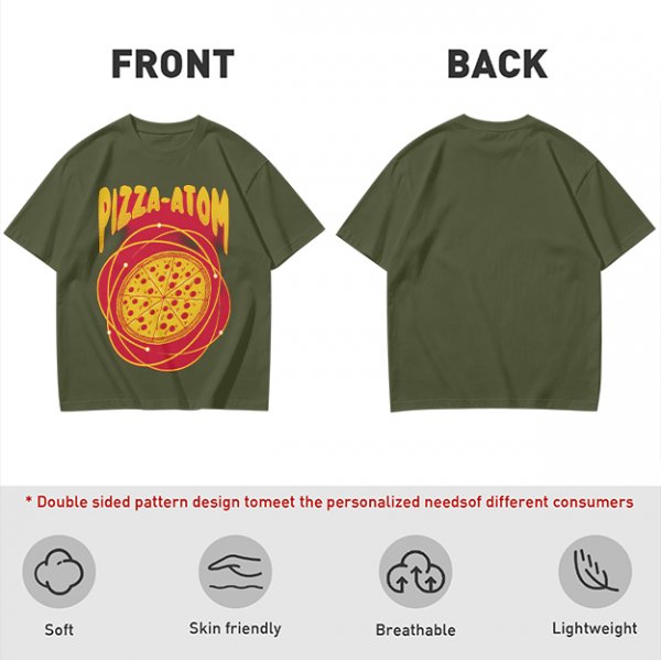 Olive green graphic t-shirt with pizza atom design