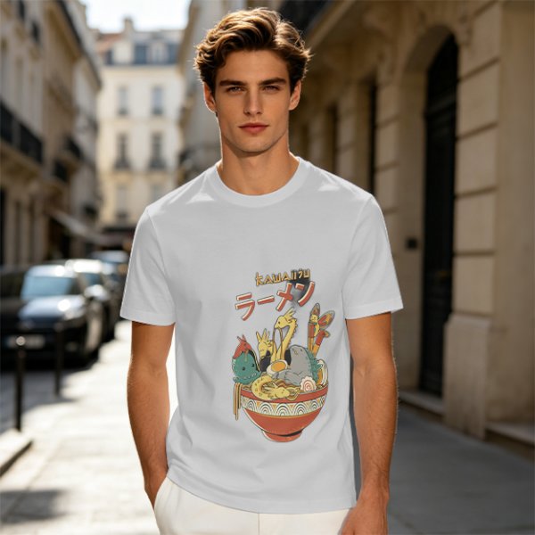 Olive T-Shirt with Kawaii Ramen Monster Bowl Graphic