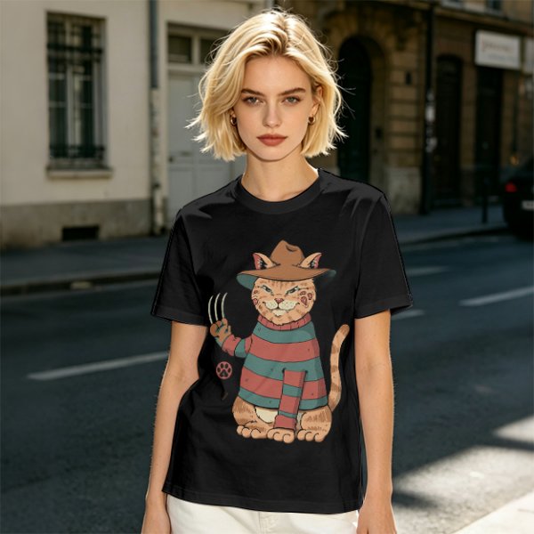 Olive T-Shirt With Freddy Krueger Themed Cat Graphic