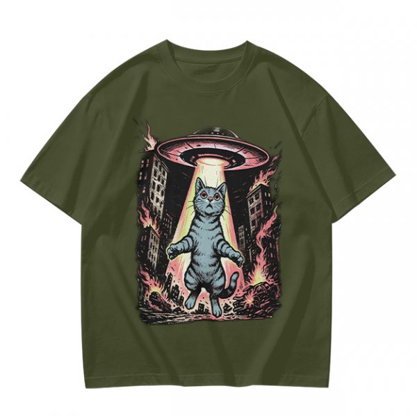 Olive T-Shirt with UFO Abducting Cat Over Burning City