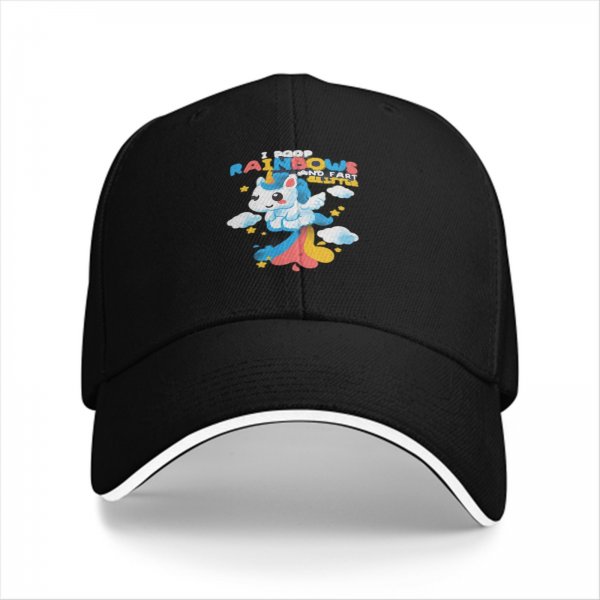 Black baseball cap with playful unicorn rainbow poop graphic