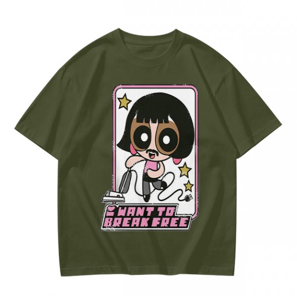 Olive green graphic t-shirt with Powerpuff-style character and 'I Want To Break Free' text