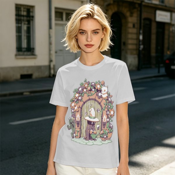 Olive T-Shirt With Whimsical Wizard Cat Garden Door Art