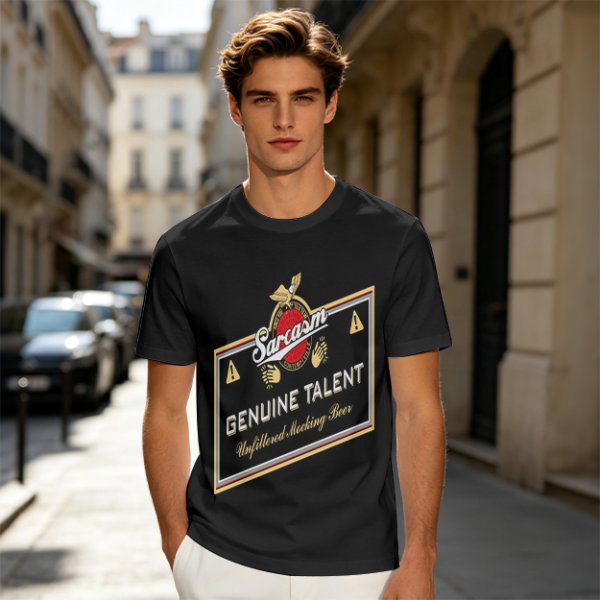 Olive green t-shirt with sarcasm genuine talent unfiltered mocking beer print