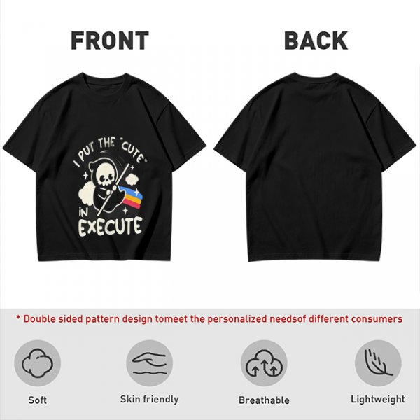Olive t-shirt with cute grim reaper 'I put the cute in execute' print