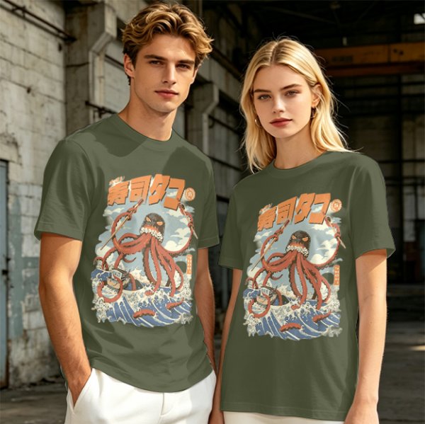 Olive t-shirt with Japanese octopus sushi warrior wave graphic