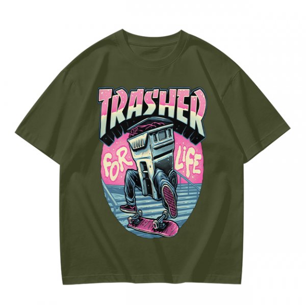Olive T-Shirt With Trashed Skateboarding Graphic Design