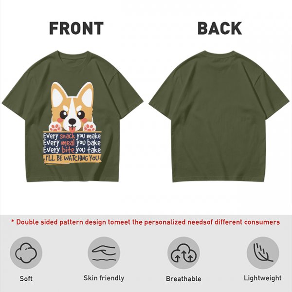 Olive t-shirt with corgi graphic and 'I'll Be Watching You' snack quote