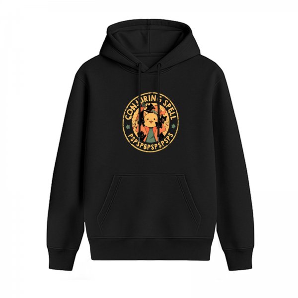 Black hoodie with Conjuring Spell cat witch graphic design
