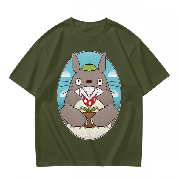Olive Green T-Shirt with Totoro Holding Piranha Plant Print